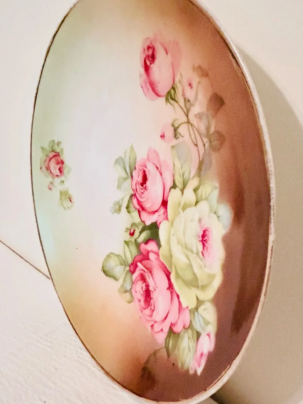Antique Porcelain Floral Plate with Pink Rose Motif and Gold Gilded Edges